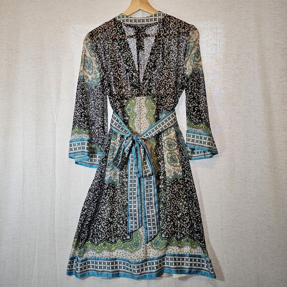 ICE Dress Turquoise Black Green Kimono Style Sash Built In Slip Size 6 - Picture 8 of 9